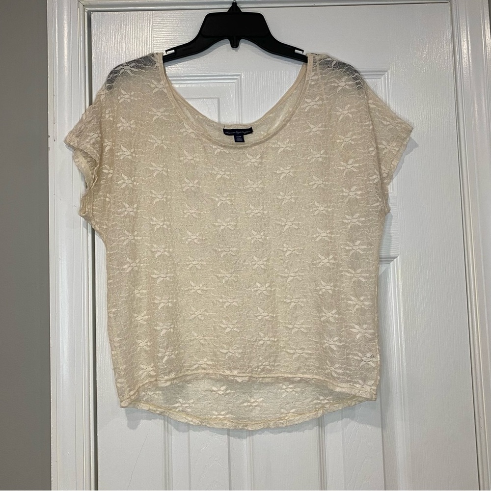 American Eagle Cream Sheer Lace Blouse Short Sleeve Top XS